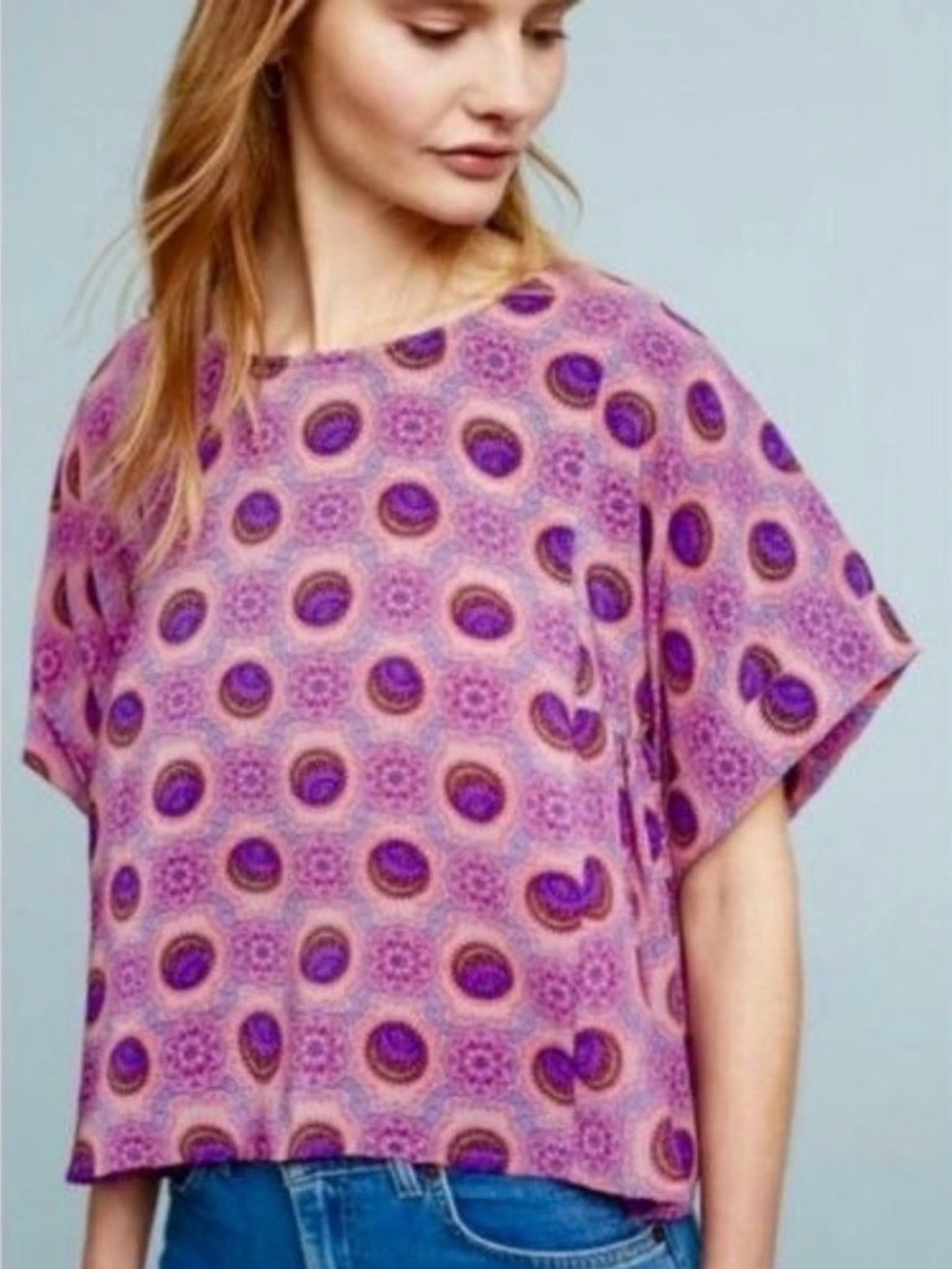 Maeve Milla Anthropologie Purple Print Swing Boho Top Blouse SZ M Breezy Retro